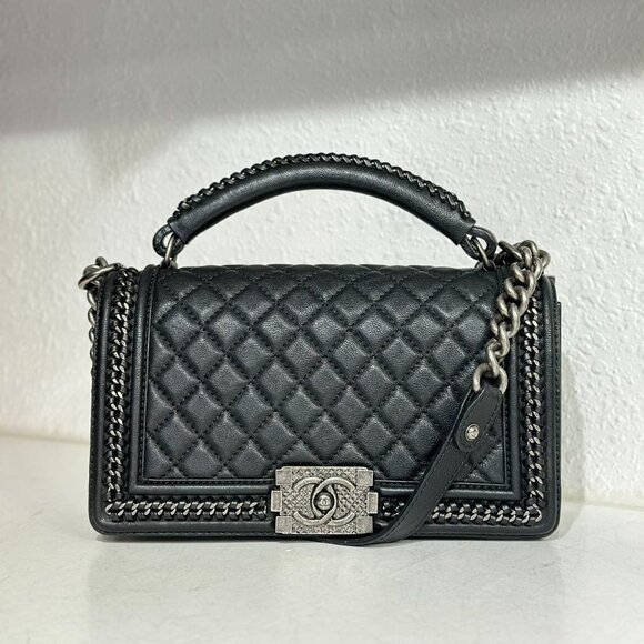 Chanel Black Leather Medium Boy Bag With Top Handle Shoulder Bag Crossbody - Picture 1 of 10